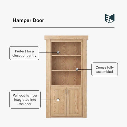Murphy Door® light oak Flush Mount Hamper Door featuring integrated pull-out hamper, shelves, ideal for closets.