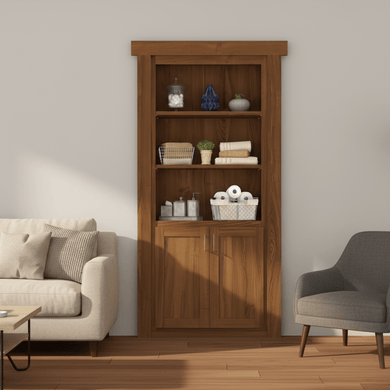 Murphy Door® Hamper Door: a flush mount wooden bookcase with shelves and lower cabinets, blending into a living room.