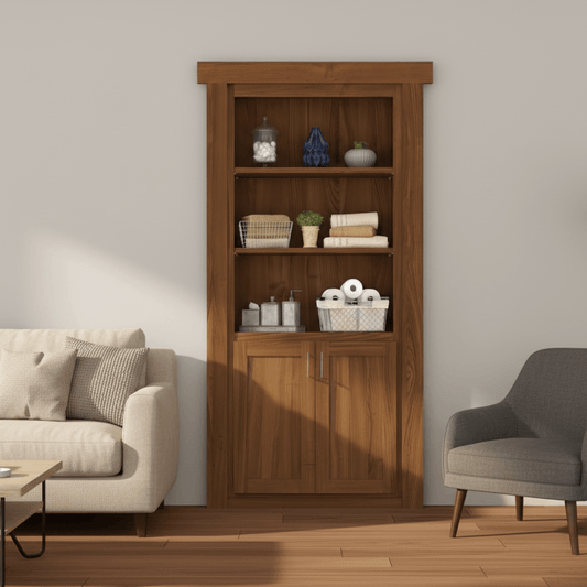 Murphy Door® Hamper Door: a flush mount wooden bookcase with shelves and lower cabinets, blending into a living room.