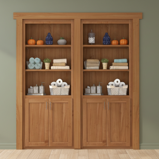 Murphy Door® Hamper French Door: a stylish wood French Door with adjustable shelves and built-in hampers for organized storage.