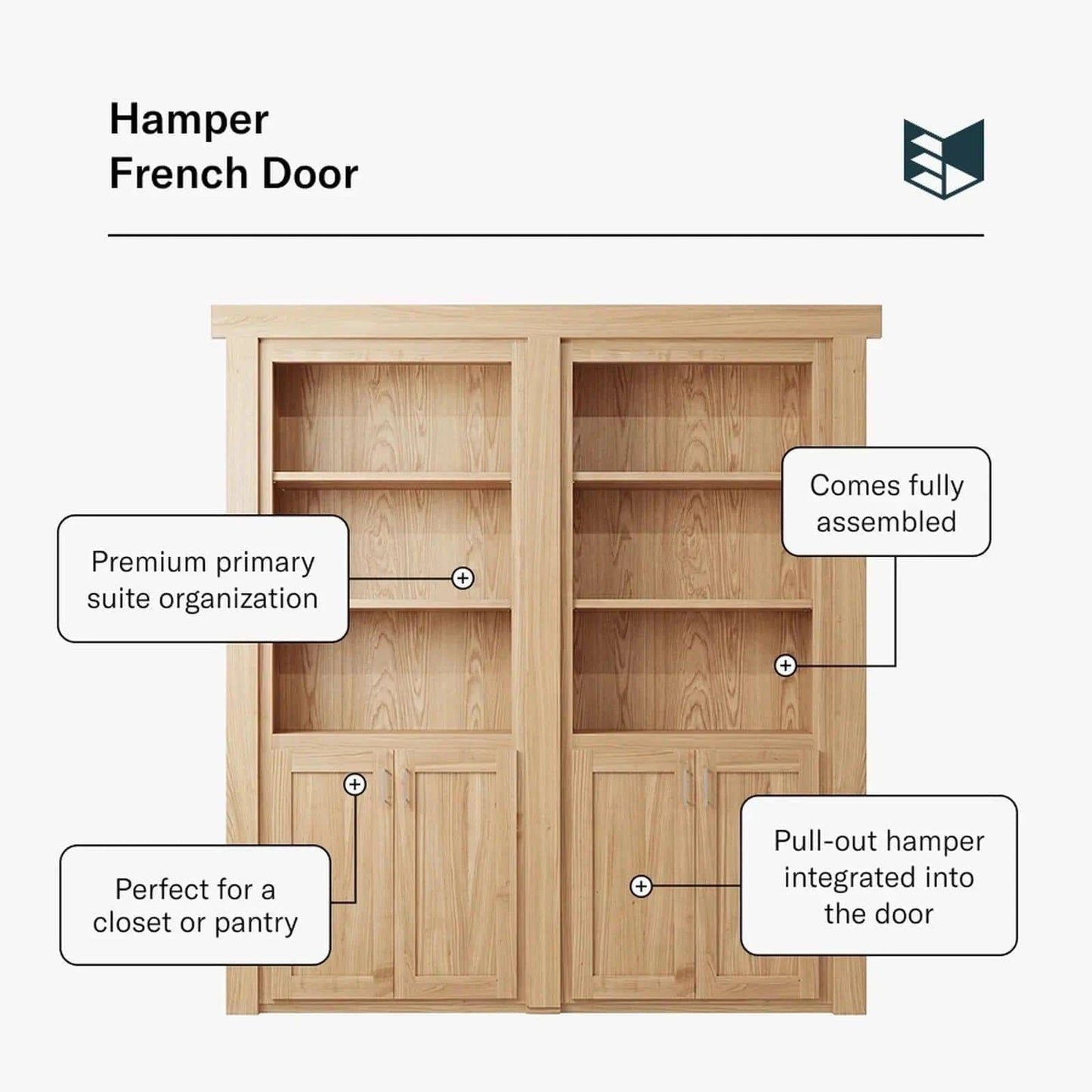 Murphy Door® Hamper French Door in light oak, with built-in shelves and integrated pull-out hampers.