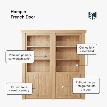 Murphy Door® Hamper French Door in light oak, with built-in shelves and integrated pull-out hampers.
