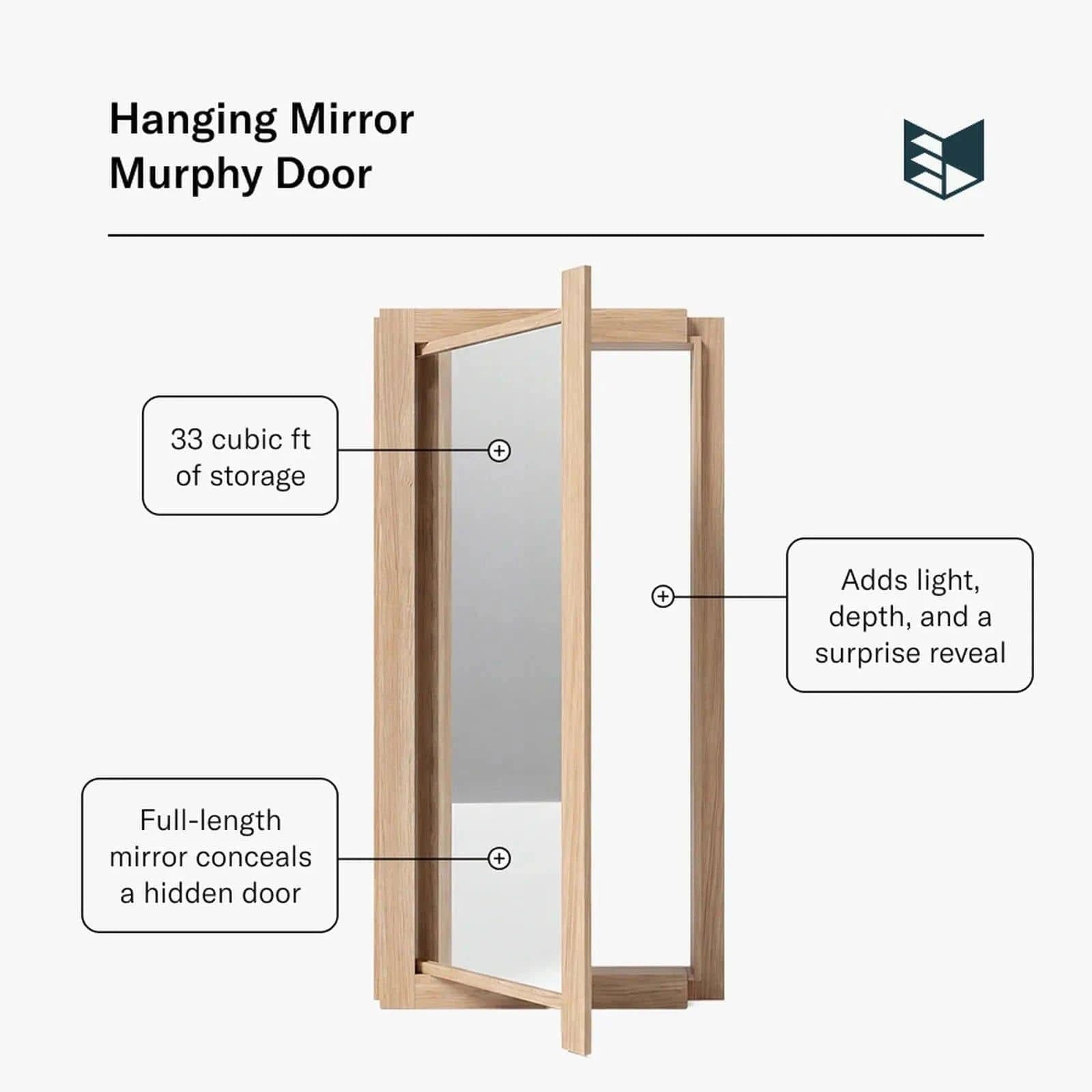 Light wood Murphy Door® Hanging Mirror Murphy Door, a flush mount multi-function mirror door concealing storage, adding light & depth.