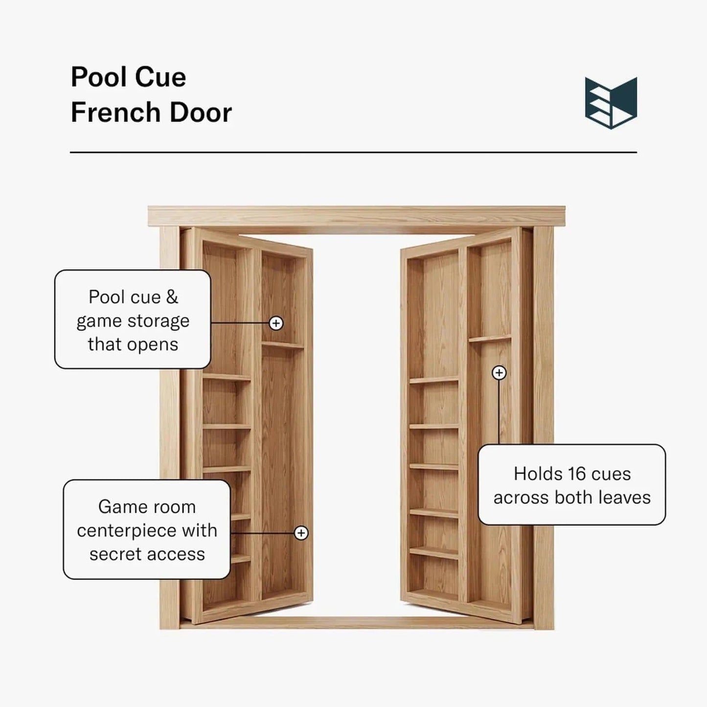 Murphy Door® Pool Cue French Door: a wooden entertainment French door with hidden storage for 22 pool cues & games.