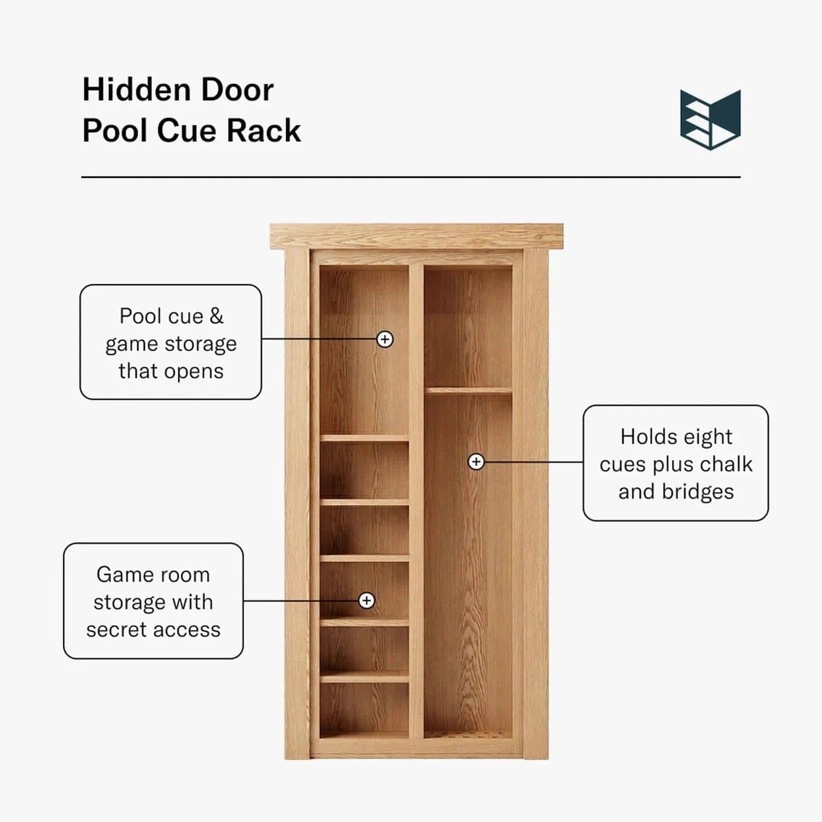 Murphy Door® Hidden Door Pool Cue Rack, an oak flush mount door with shelves for cue, chalk, and game storage.