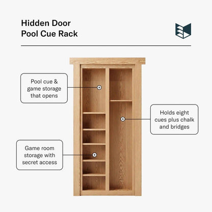 Murphy Door® Hidden Door Pool Cue Rack, an oak flush mount door with shelves for cue, chalk, and game storage.