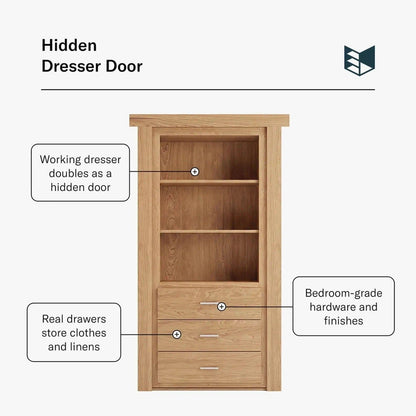 Murphy Door® Hidden Dresser Door, a flush mount multi-function unit. Features natural wood, shelves, and real drawers.