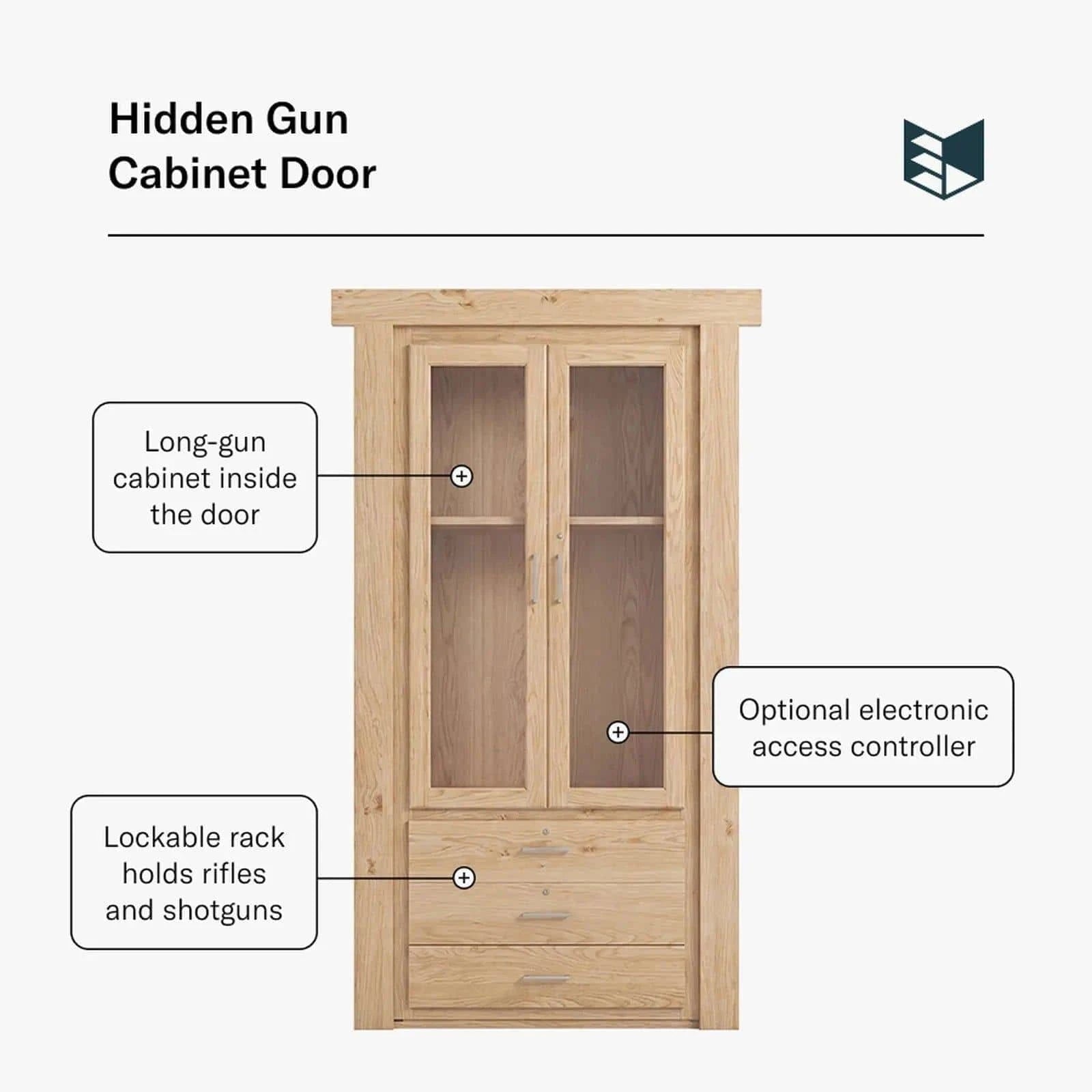 Murphy Door® Hidden Gun Cabinet Door, a flush mount oak cabinet with glass doors, drawers, and hidden long-gun storage.