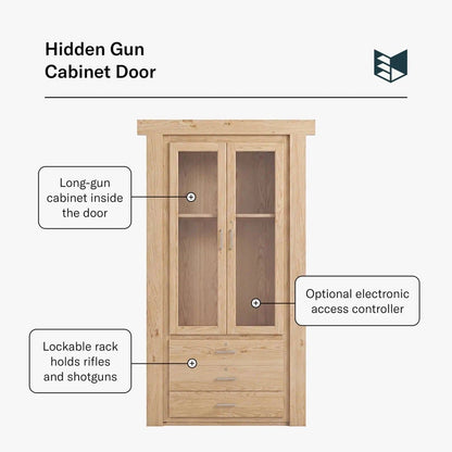 Murphy Door® Hidden Gun Cabinet Door, a flush mount oak cabinet with glass doors, drawers, and hidden long-gun storage.