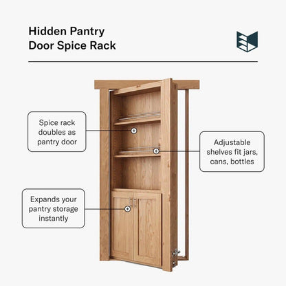 Murphy Door® Hidden Pantry Door Spice Rack: a flush mount light wood door with adjustable shelves for kitchen home solutions.