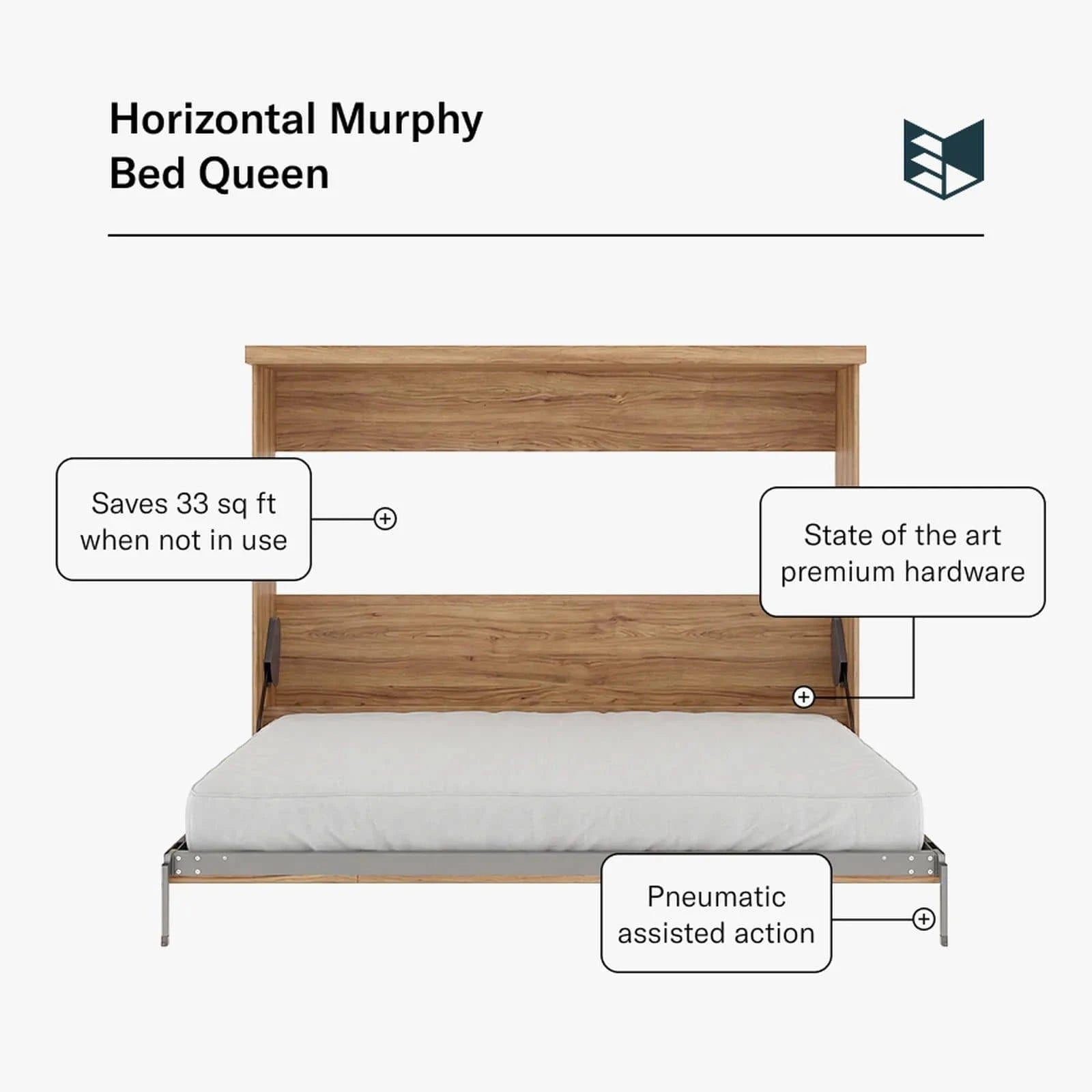 Murphy Door® Horizontal Murphy Bed - Queen (Unassembled) in natural wood, showcasing pneumatic assisted action and premium hardware.