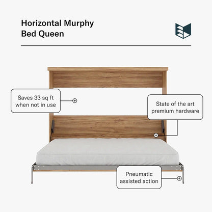 Murphy Door® Horizontal Murphy Bed - Queen (Unassembled) in natural wood, showcasing pneumatic assisted action and premium hardware.
