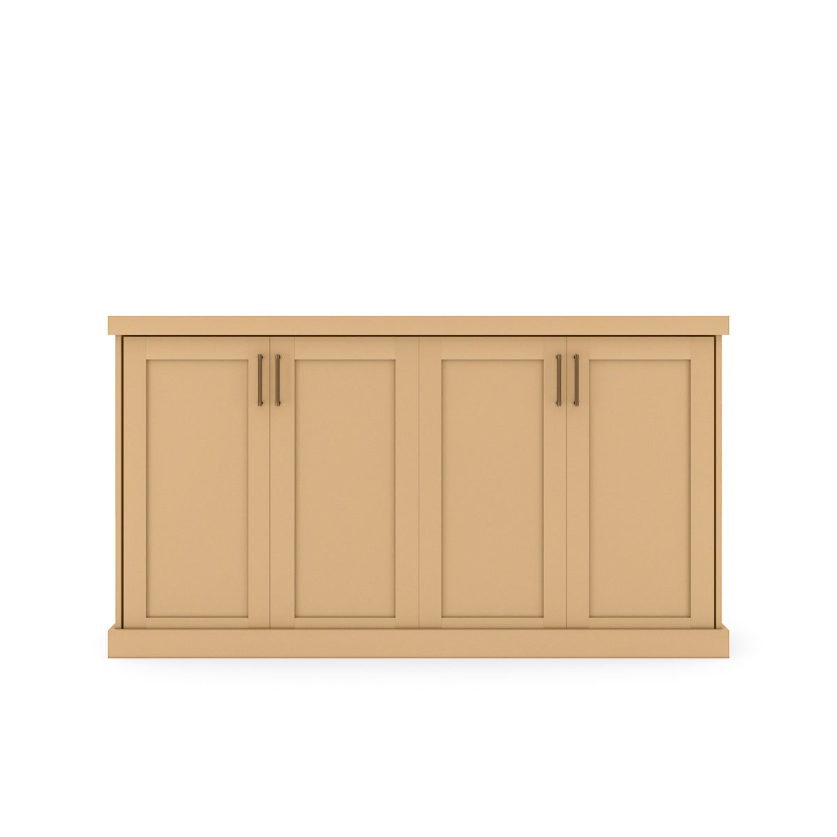 Murphy Door® light brown wood storage cabinet with four shaker-style doors and dark metal pull handles.