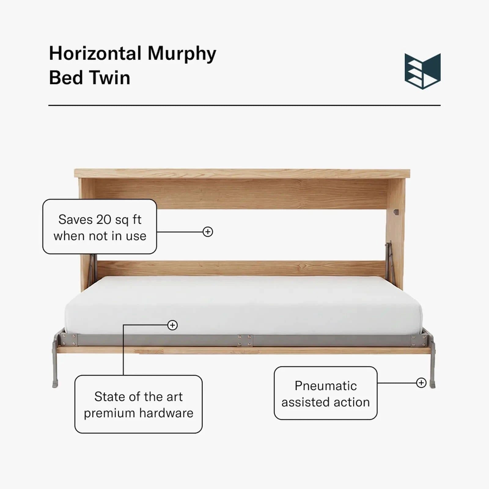 Murphy Door® Twin XL Horizontal Murphy Bed (Unassembled), light wood, with space-saving pneumatic action.