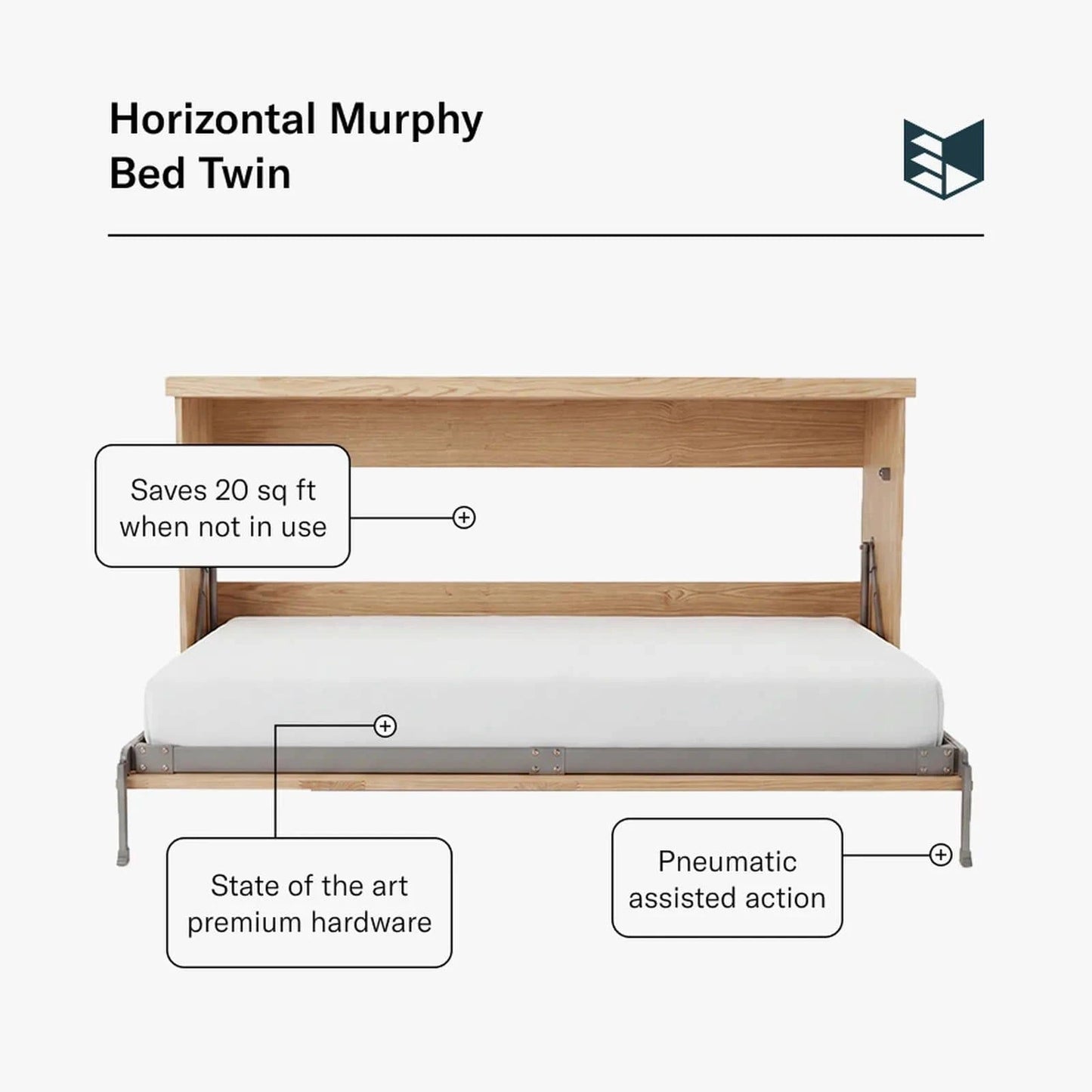 Murphy Door® Horizontal Murphy Bed - Twin (Unassembled) in natural wood, showcasing space-saving, premium hardware, and pneumatic lift.