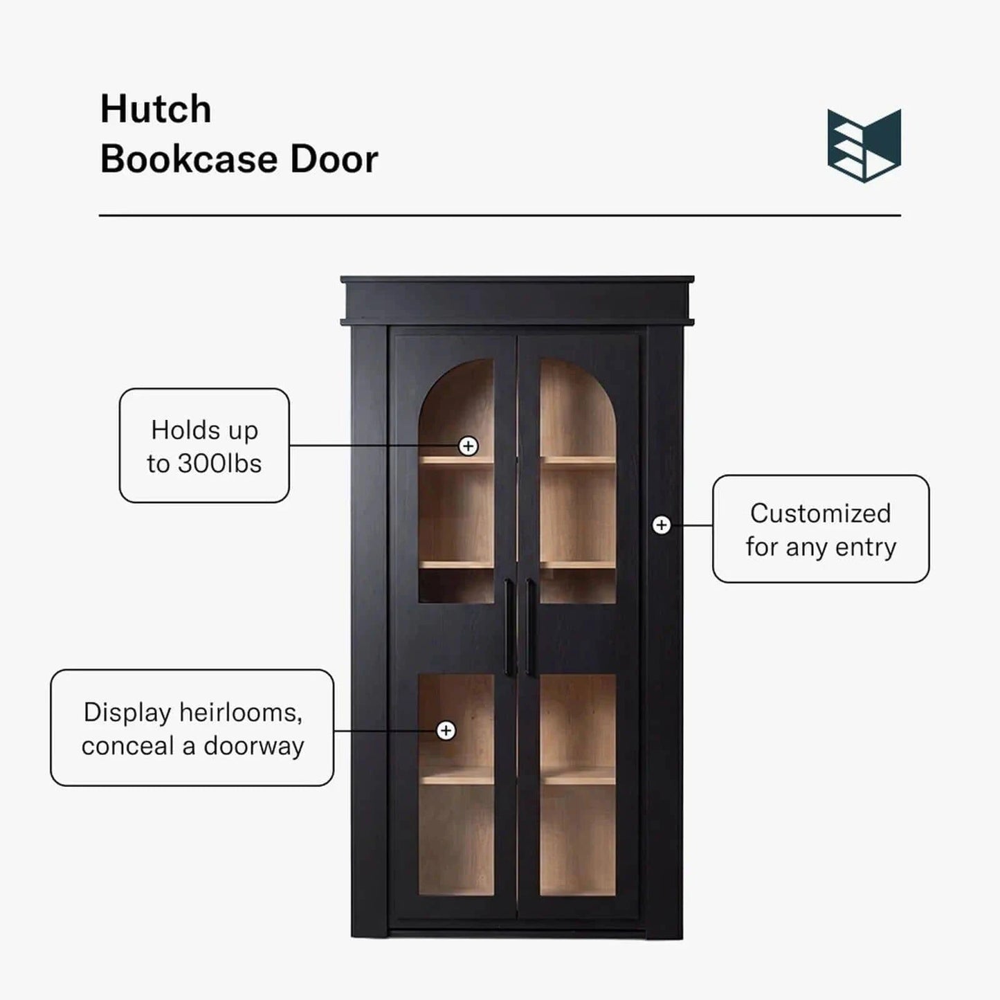 Black Murphy Door® Hutch Bookcase Door. Arched glass display for heirlooms/beverages. Flush Mount to conceal a doorway. Holds 300lbs.
