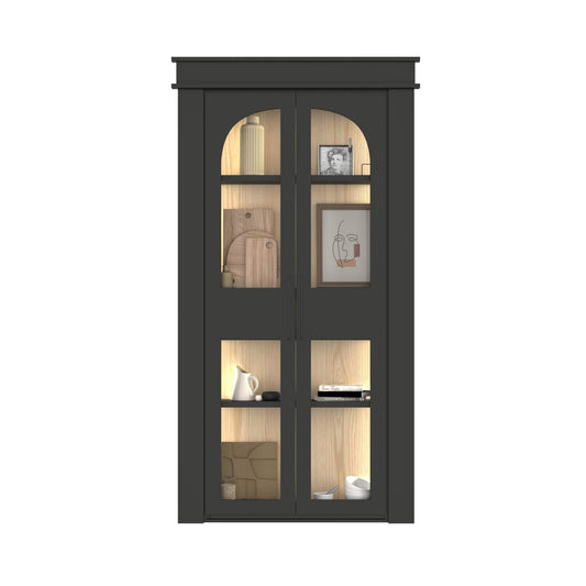 Murphy Door® black display cabinet with glass doors, wooden interior shelving, decorative items and artwork, illuminated by interior lighting.