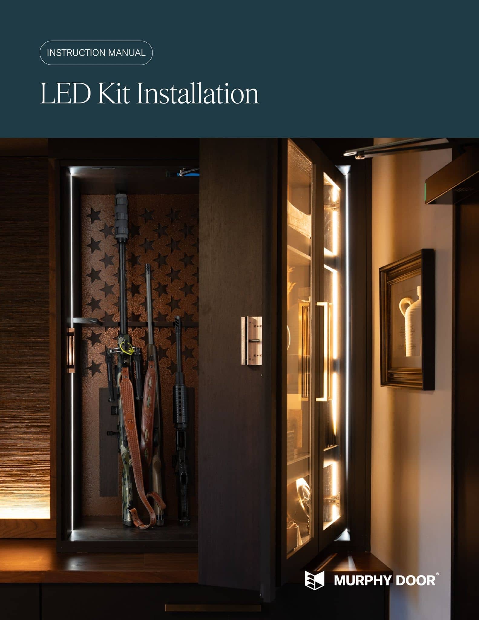 Murphy Door® LED-lit hidden gun cabinet with rifles, next to an open LED-lit glass display door.
