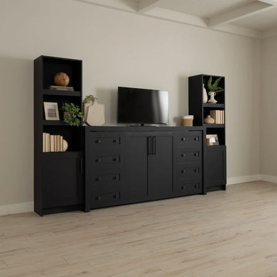 Murphy Door® black media entertainment center with storage drawers, shelving units and decorative elements on light wood flooring.