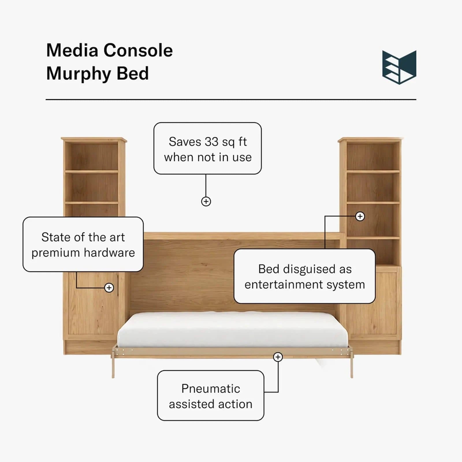Murphy Door® Media Console Murphy Bed, a light wood horizontal bed transforming from an entertainment system, saving 33 sq ft.