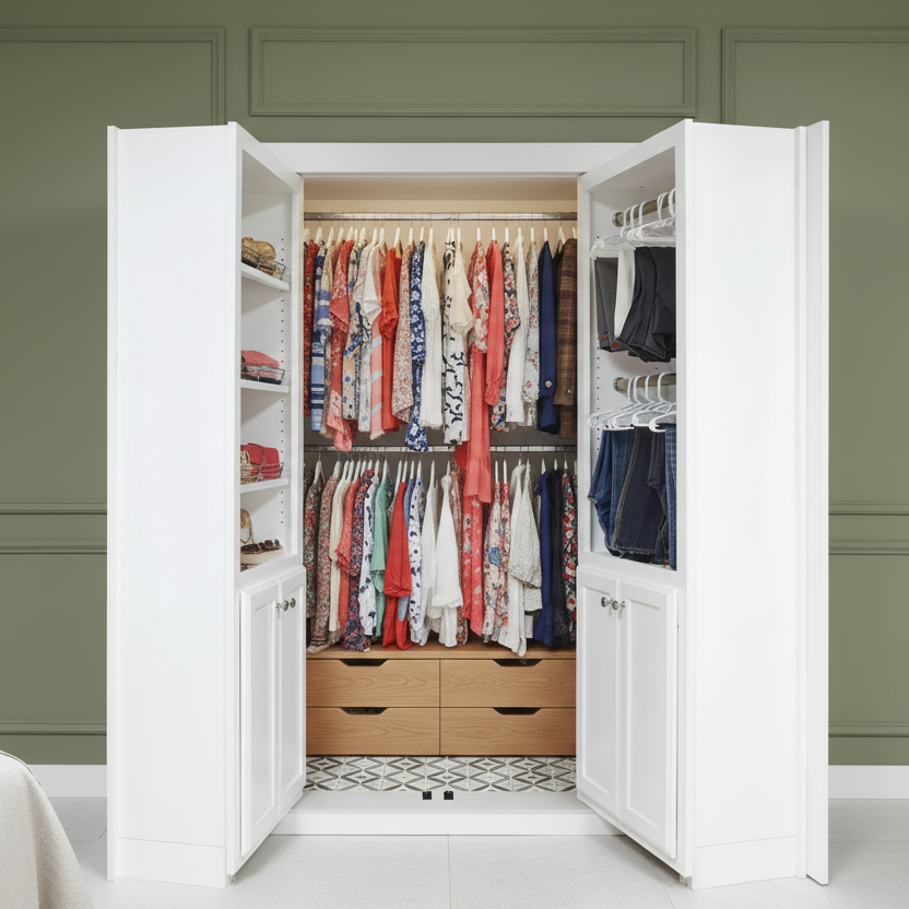Murphy Door® Mirror Closet French Door, open to reveal a custom closet with white shelving, wooden drawers, and clothes racks.