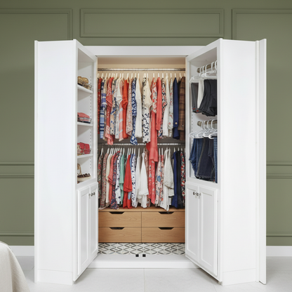 Murphy Door® Mirror Closet French Door, open to reveal a custom closet with white shelving, wooden drawers, and clothes racks.