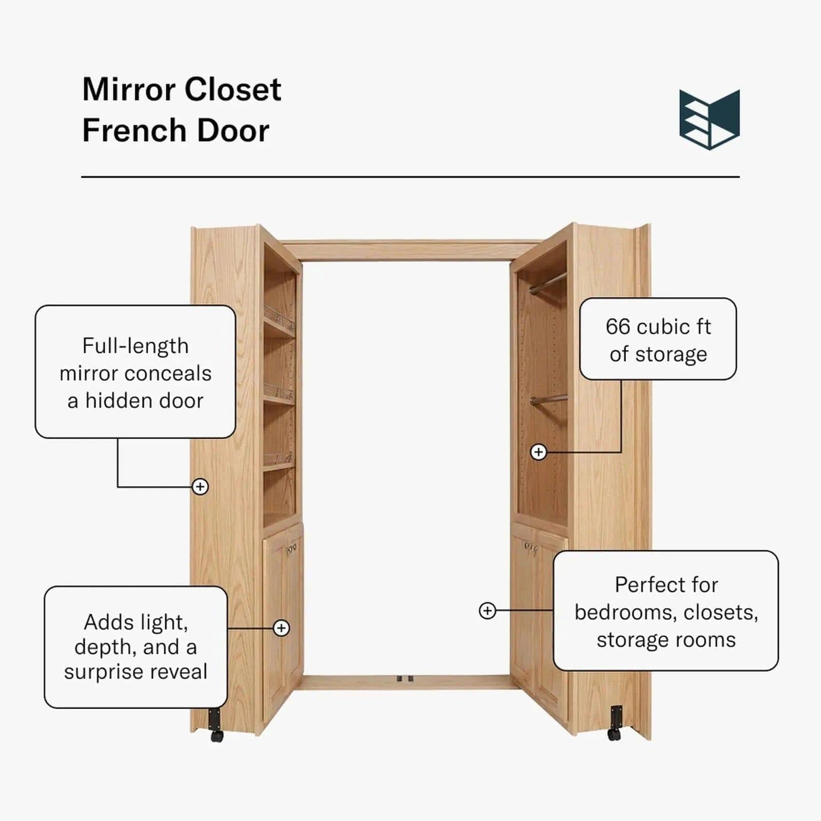 Murphy Door® Mirror Closet French Door, open, light oak. Features 66 cu ft storage & conceals a hidden door.