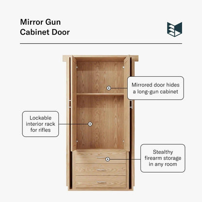 Murphy Door® Mirror Gun Cabinet Door, a flush mount light wood gun door with open mirrored doors revealing shelves & lockable rifle rack for stealthy firearm storage.