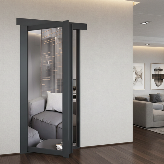 Murphy Door® dark gray flush mount Mirror Gun Cabinet Door, partially open to a modern interior.