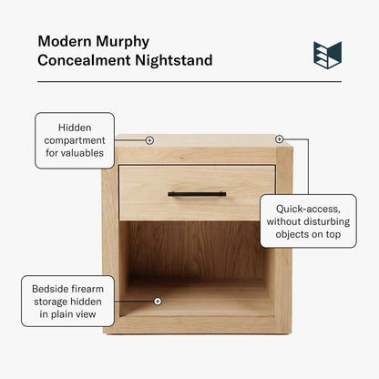 Murphy Door® Modern Murphy Concealment Nightstand, a light wood nightstand with hidden valuables and firearm storage.