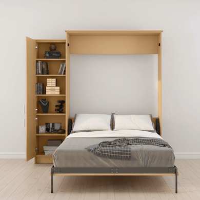 Murphy Door® Murphy Bed - Left Cabinet (Unassembled): light wood vertical bed system with open cabinet.
