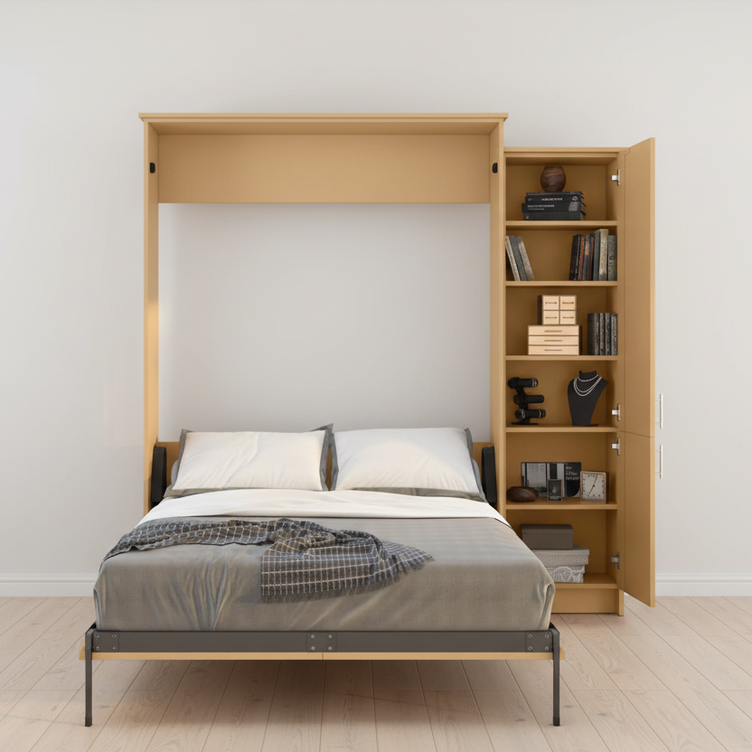 Murphy Door® light wood Murphy Bed - Right Cabinet (Unassembled) showing a vertical bed down and open storage shelves.