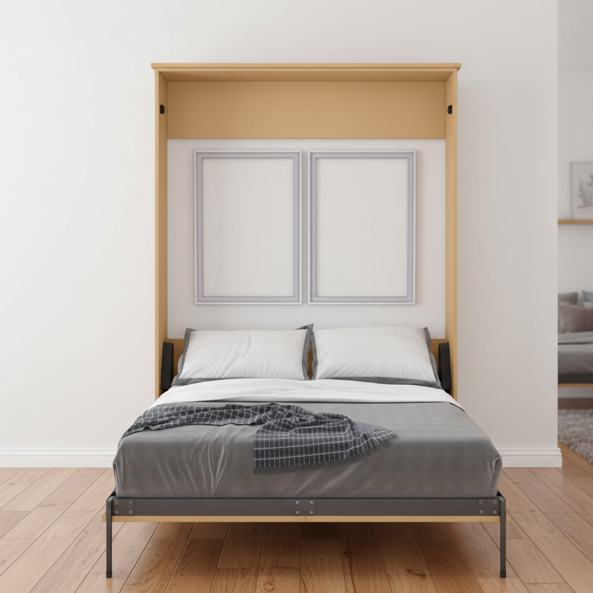 Murphy Door® Simple Murphy Bed (Unassembled). Vertical light wood cabinet with gray bedding and dark bed frame.