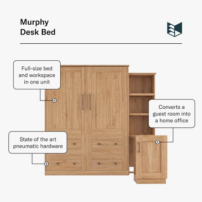 Murphy Door® Murphy Desk Bed: Multi-function vertical unit in light wood, featuring a hidden bed, desk, drawers, and shelves.