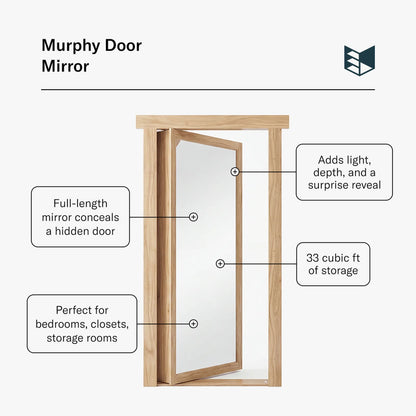 Murphy Door® Mirror, a light wood flush mount hidden closet door, partially open, revealing 33 cu ft storage.
