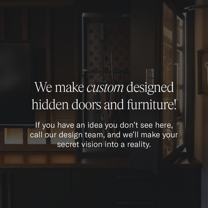 Murphy Door® custom hidden door in dimly lit interior with star pattern wallpaper, advertising custom designed hidden doors and furniture.