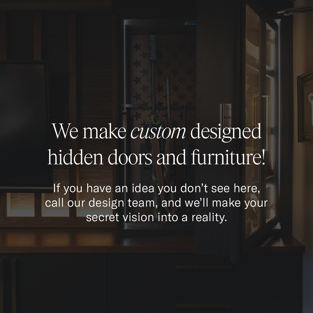 Darkened interior showcasing Murphy Door® custom hidden doors with star-patterned wallpaper visible in background and promotional text overlay.