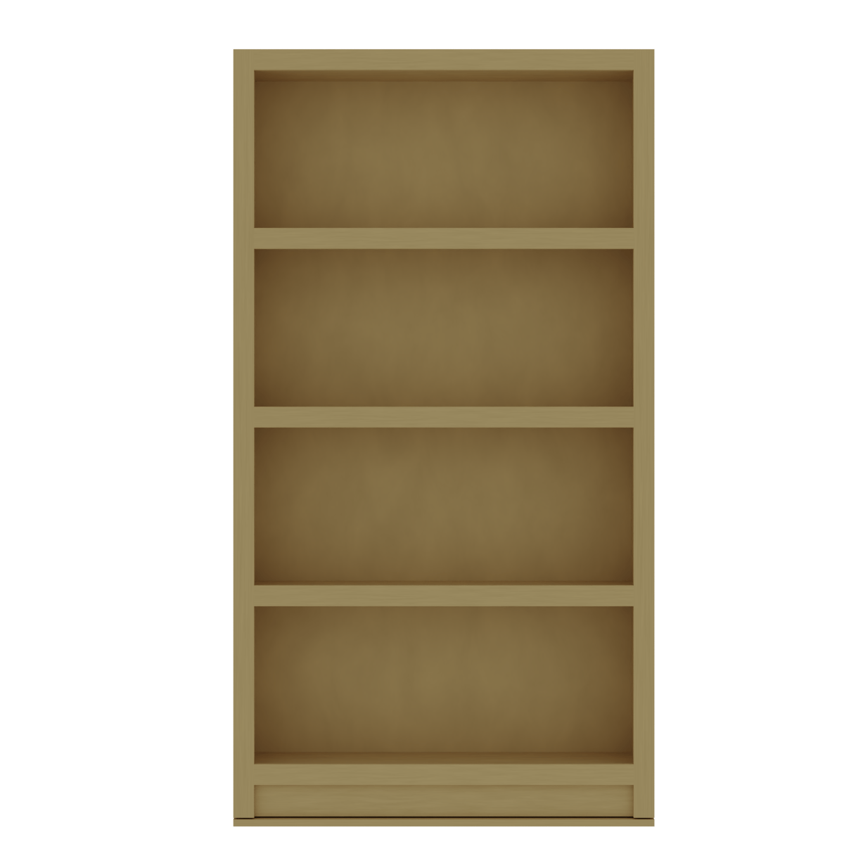Empty light brown wooden Murphy Door® hidden bookcase with four shelves.