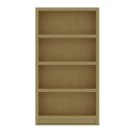 Empty light brown wooden Murphy Door® hidden bookcase with four shelves.