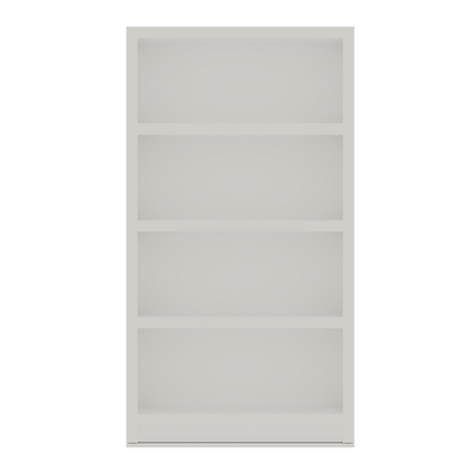 Empty Murphy Door® modern light gray hidden bookcase door with four shelves.