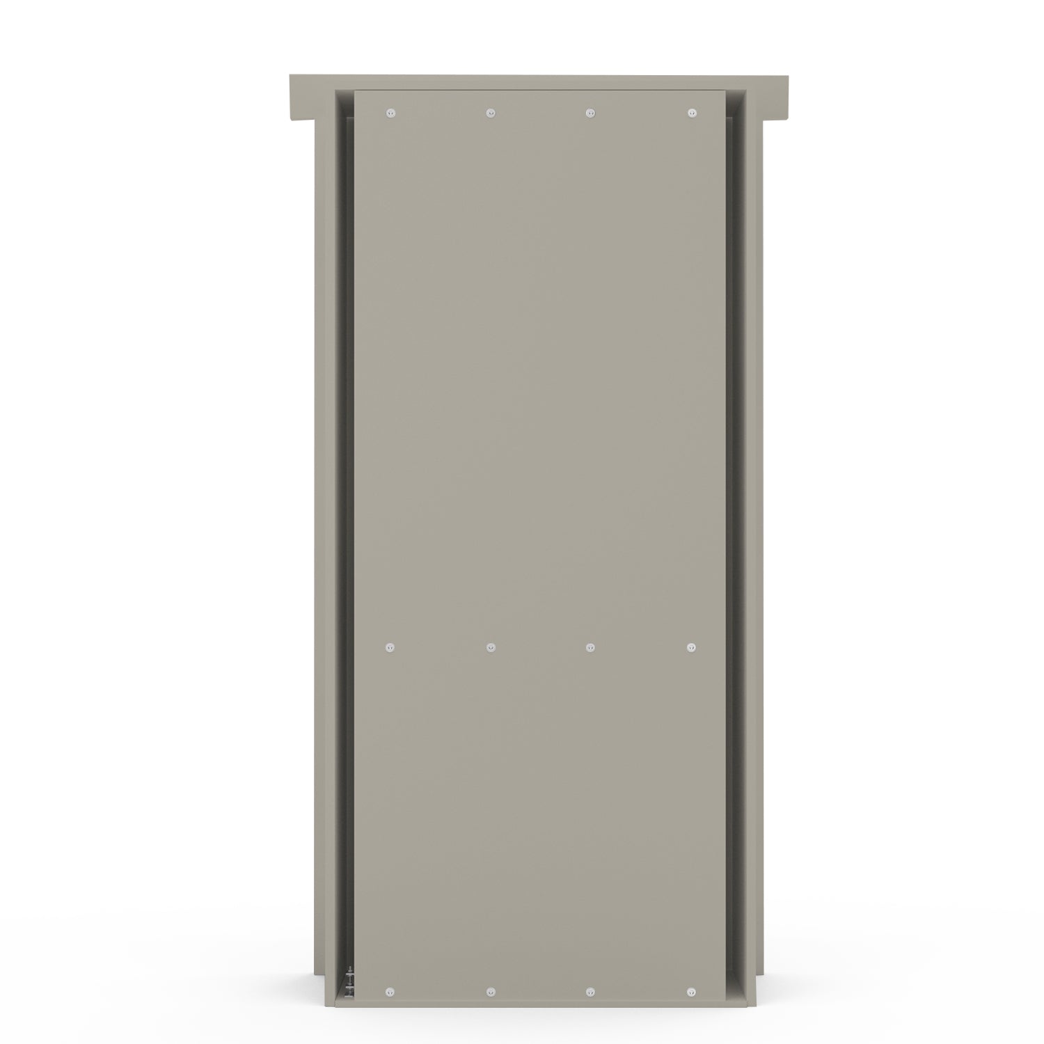 Murphy Door® pre-assembled hidden door in taupe gray with mounting hardware and clean, minimalist design.