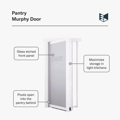 White Pantry Murphy Door by Murphy Door®, a flush mount home solution with glass etched panel, pivots to maximize kitchen storage.