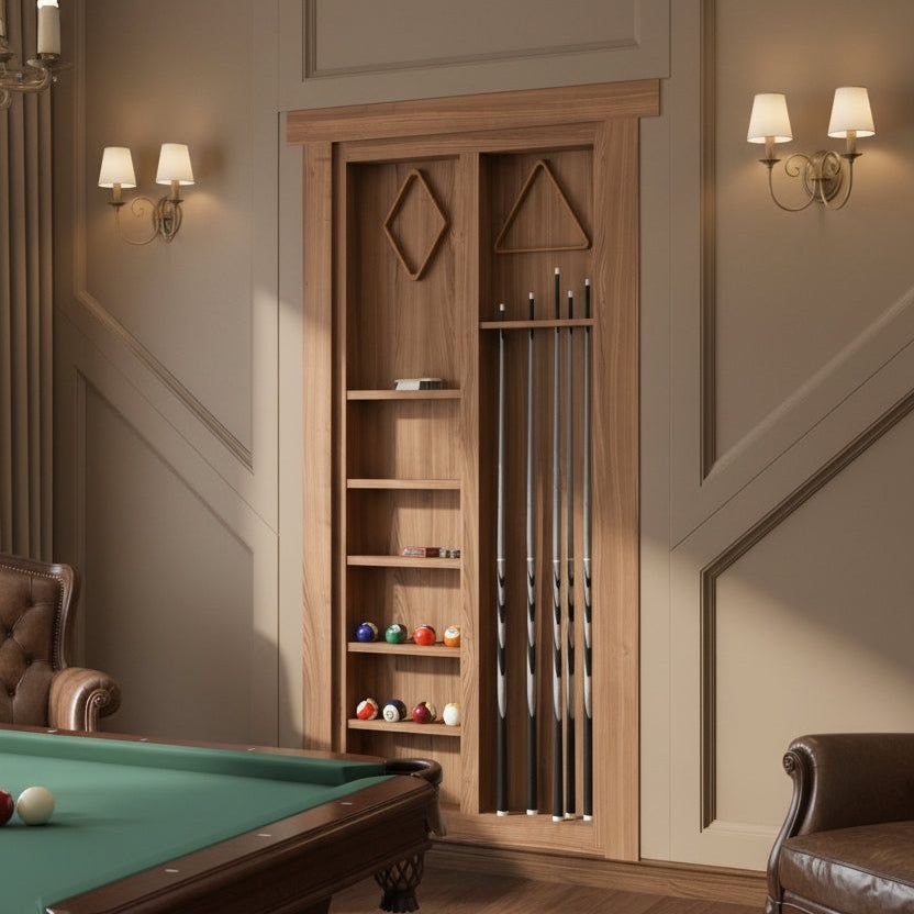Murphy Door® wooden billiards cabinet with pool cues, balls, and geometric accents in warm oak finish.