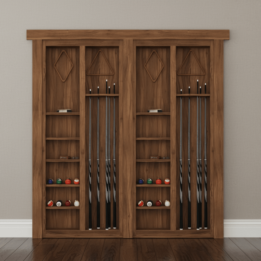 Murphy Door® Pool Cue French Door: dark wood hidden entertainment storage, neatly organizing billiard cues and balls.