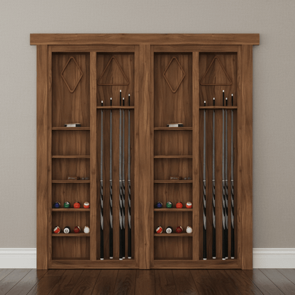 Murphy Door® Pool Cue French Door: dark wood hidden entertainment storage, neatly organizing billiard cues and balls.