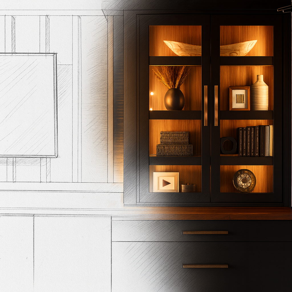 Murphy Door® hidden dark wood cabinet with illuminated shelves, transitioning from sketch to render.