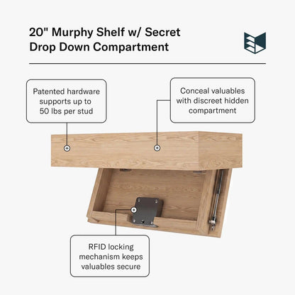 Murphy Door® 20" Murphy Shelf w/ Secret Drop Down Compartment. Natural wood floating shelf, concealed storage with RFID lock.