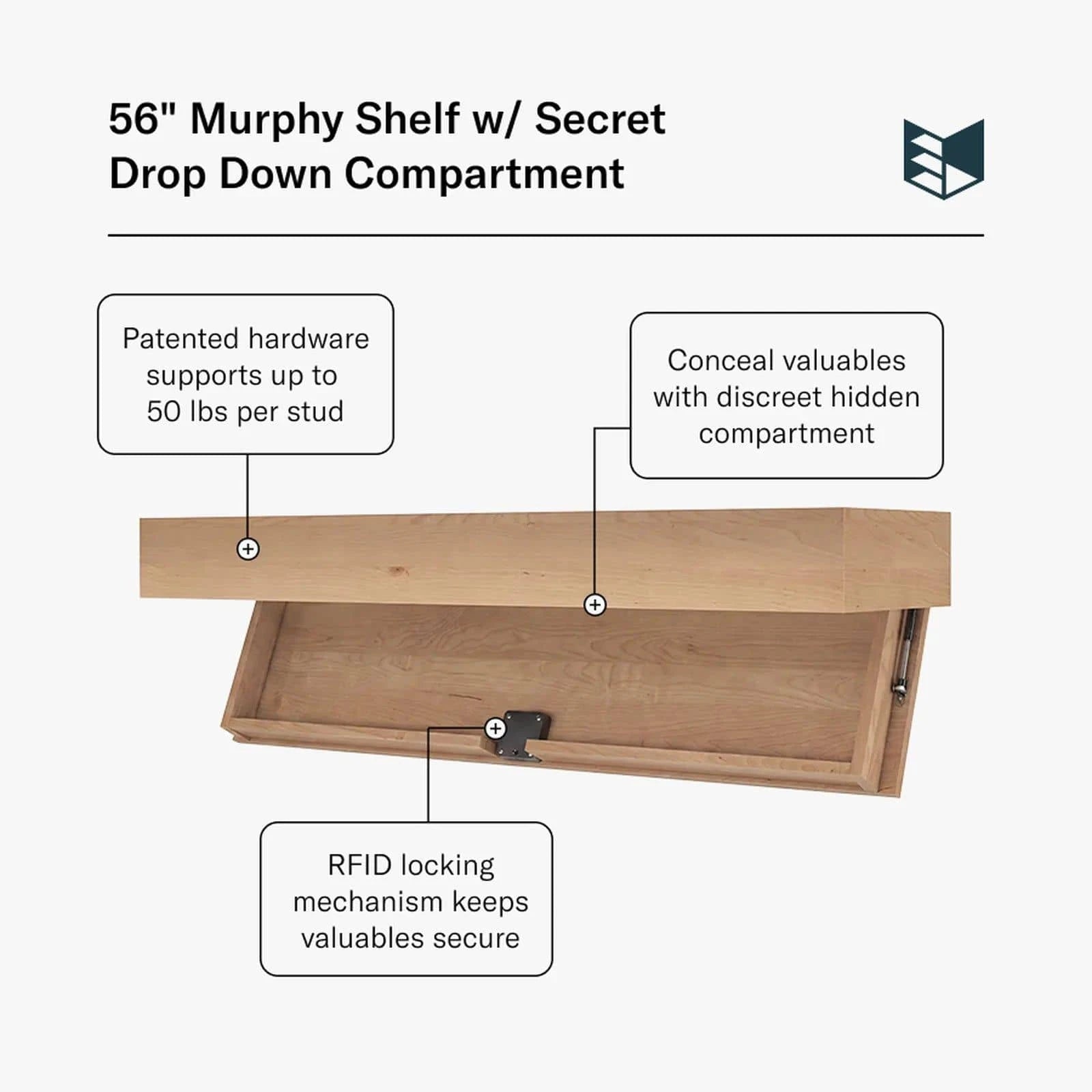 Murphy Door® 56" Murphy Shelf w/ Secret Drop Down Compartment: light wood floating shelf with hidden RFID-locked compartment.