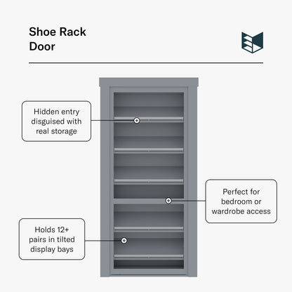 Murphy Door® gray Flush Mount Shoe Rack Door. Hidden entry with real storage for 12+ pairs in tilted bays, a home solution.