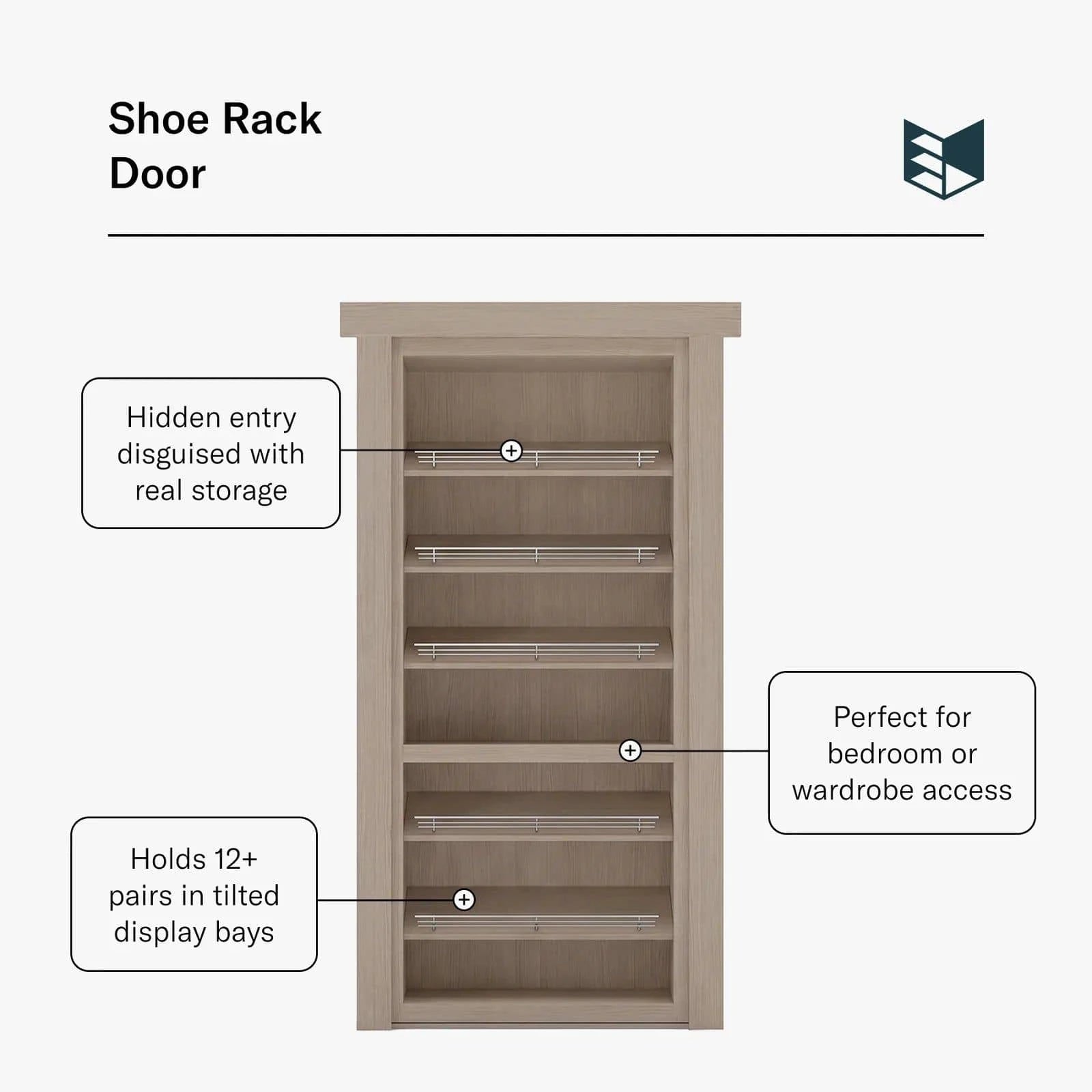 Murphy Door® Shoe Rack Door: a light wood flush mount door with hidden entry, disguised as a shoe rack holding 12+ pairs.